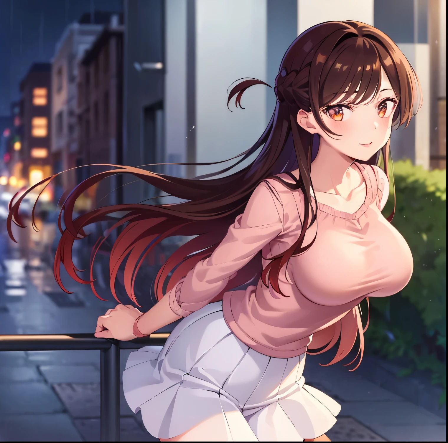 ((1girl)),((alone)),Chizuru Mizuhara, ( kanokari),(masterpiece), (best quality), (ultra detailed), (best illustration), (best shadow), (absurdities), sharp focus , cowboy shot, atmospheric perspective, depth of field, dynamic posture looking at the viewer, big breasts, narrow waist, wide hips, wide thighs, round butt, erotic, romantic, (very detailed eyes, lips 1.1), very detailed eyes, eyes, Very detailed face, Very beautiful face, Symmetrical face, Aesthetic face, perfect face, perfect eyes, detailed eyelashes: 1.5), full height, beautiful slim figure, femininity, expressive appearance, elastic big breasts, sexuality, half-open lips, Hair long, brown hair, brown eyes, braid, one side up, single, white skirt, short skirt, tight skirt, red bow, pink shirt, neckline, pleated skirt, bangs, neckband, short puffed sleeves, bare arms ,bare legs,pink heels,hand on hip,curves,defined body,perfect and beautiful body,perfect and beautiful,closed mouth,flirtatious expression,smile,blush,(sexy pose: 1.2),((solo)),standing : 1.3,((exterior,cityscape,streets, city,night,city lights,buildings, rainy,)),looking forward,((focus on breasts)), point of view :(from Middle) , perfect anatomy, perfect hands