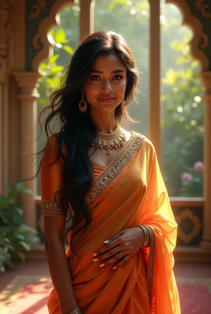 A beautiful full-figured Indian woman wearing a sari