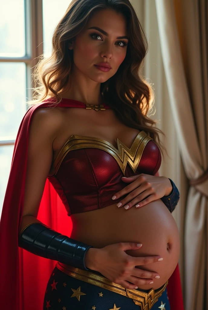 A stunning portrait of Supergirl holding Wonder Woman, Wonder Woman is pregnant, holding her belly, young and beautiful, hyper realistic, real portrait, backlit, exquisite features, cleavage, sexy, seductive, window, natural light, soft light,