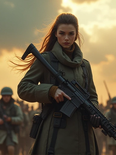 intricate detailed portrait of a female soldier, strong determined expression, piercing eyes, full lips, military uniform, shouldering rifle, leading an army, epic battle, dramatic cloudy sky, glowing sunlight, cinematic, dramatic lighting, 8k, photorealistic, hyper detailed, masterpiece