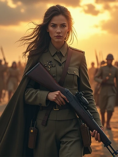 intricate detailed portrait of a female soldier, strong determined expression, piercing eyes, full lips, military uniform, shouldering rifle, leading an army, epic battle, dramatic cloudy sky, glowing sunlight, cinematic, dramatic lighting, 8k, photorealistic, hyper detailed, masterpiece