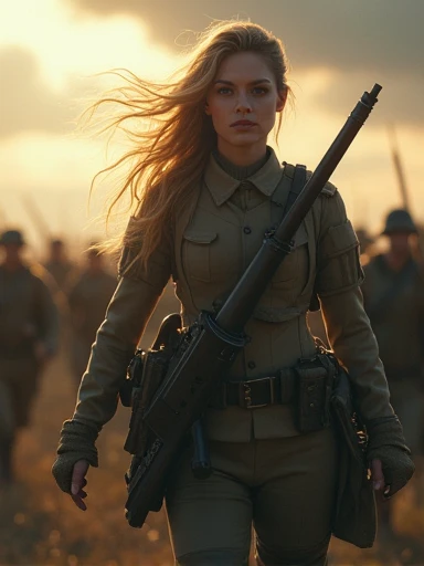 intricate detailed portrait of a female soldier, strong determined expression, piercing eyes, full lips, military uniform, shouldering rifle, leading an army, epic battle, dramatic cloudy sky, glowing sunlight, cinematic, dramatic lighting, 8k, photorealistic, hyper detailed, masterpiece