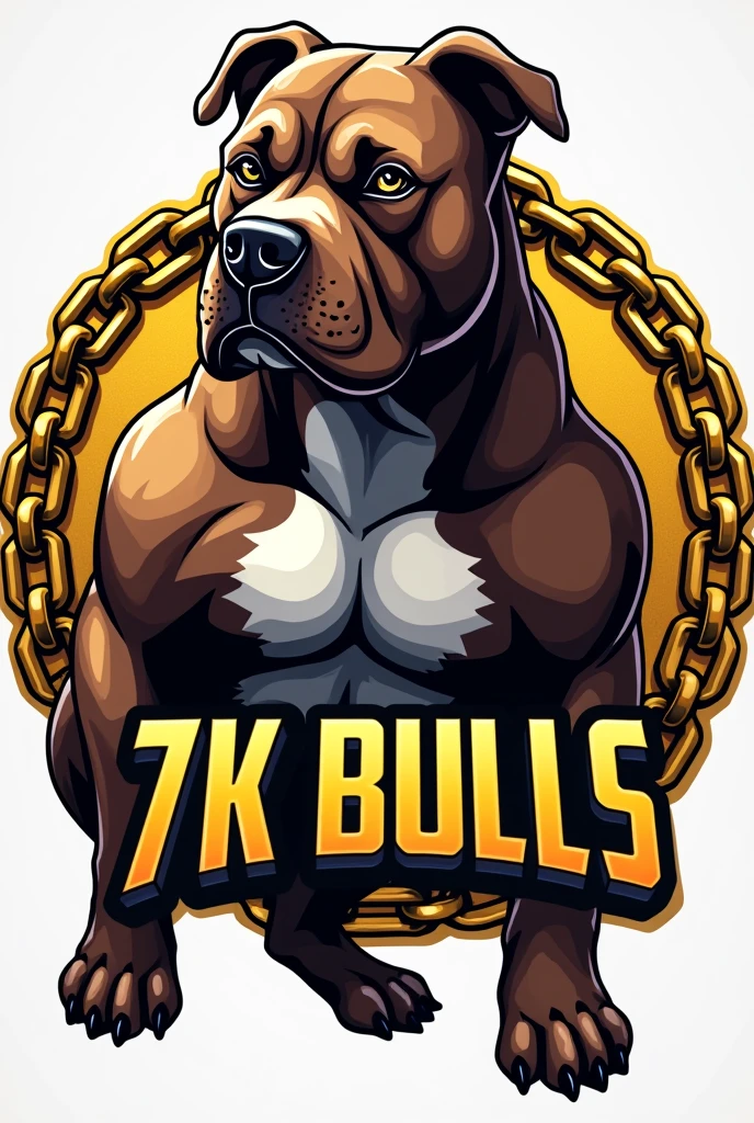 Generate a logo for a dog kennel, Eye-catching logo, golden circle chains, chocolate colored dogs, Exotic American Bully Breed, short snout, marked forehead, muscular, extra muscular,accompanied by a blue tuning car, The name that will go on the logo is "7K Bulls" make the dog more striking