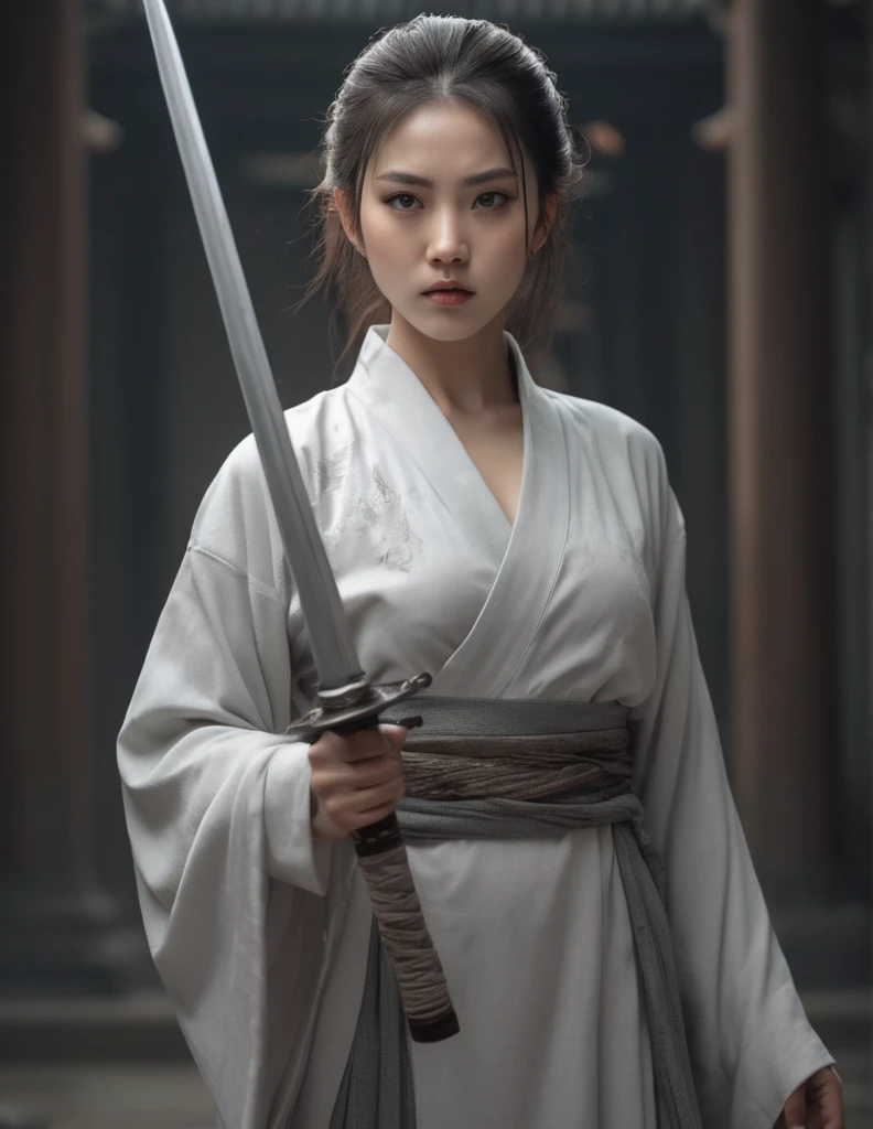 asian 1girl, high quality,masterpiece,8k,ultra-detailed,cinematic lighting,dramatic lighting,dramatic pose,powerful,imposing,muscular build,serious expression,piercing brown eyes,sharp features,exquisite details,refined features,elegant,flowing robes,holding with both hands ornamental sword,battle-worn,gritty,fantastical,editorial illustration style,monochromatic,white and gray tones,loish