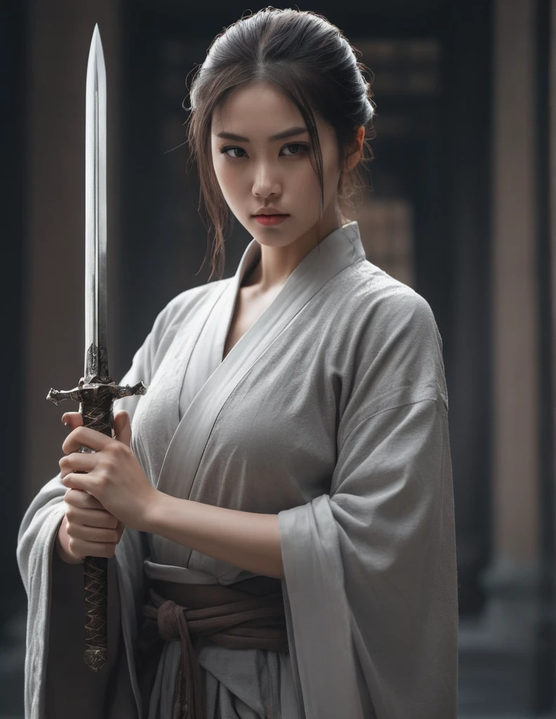 asian 1girl, high quality,masterpiece,8k,ultra-detailed,cinematic lighting,dramatic lighting,dramatic pose,powerful,imposing,muscular build,serious expression,piercing brown eyes,sharp features,exquisite details,refined features,elegant,flowing robes,holding with both hands ornamental sword,battle-worn,gritty,fantastical,editorial illustration style,monochromatic,white and gray tones,loish