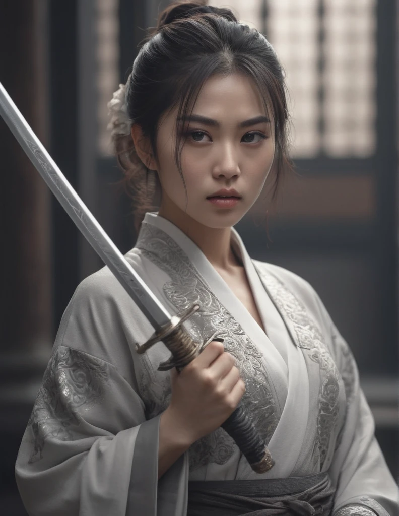 asian 1girl, high quality,masterpiece,8k,ultra-detailed,cinematic lighting,dramatic lighting,dramatic pose,powerful,imposing,muscular build,serious expression,piercing brown eyes,sharp features,exquisite details,refined features,elegant,flowing robes,holding with both hands ornamental sword,battle-worn,gritty,fantastical,editorial illustration style,monochromatic,white and gray tones,loish