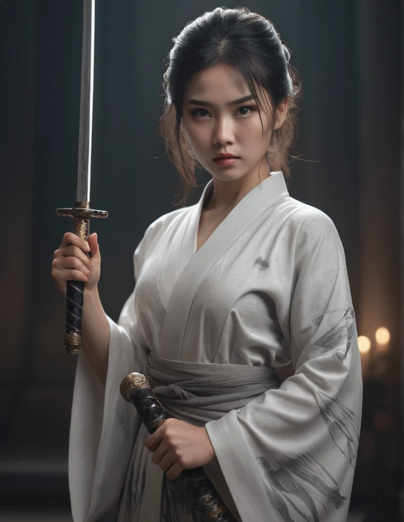 asian 1girl, high quality,masterpiece,8k,ultra-detailed,cinematic lighting,dramatic lighting,dramatic pose,powerful,imposing,muscular build,serious expression,piercing brown eyes,sharp features,exquisite details,refined features,elegant,flowing robes,holding with both hands ornamental sword,battle-worn,gritty,fantastical,editorial illustration style,monochromatic,white and gray tones,loish