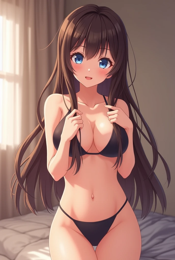 nozomitoujou, nozomi toujou, green eyes, brown hair, curly hair, large breasts, masterpiece, best quality, high resolution, beautiful detailed eyes, extremely detailed face, good lighting, detailed CG, messy hair, glossy lips, worried, nervous, changing room, frilly bikini with microskirt, looking back at viewer