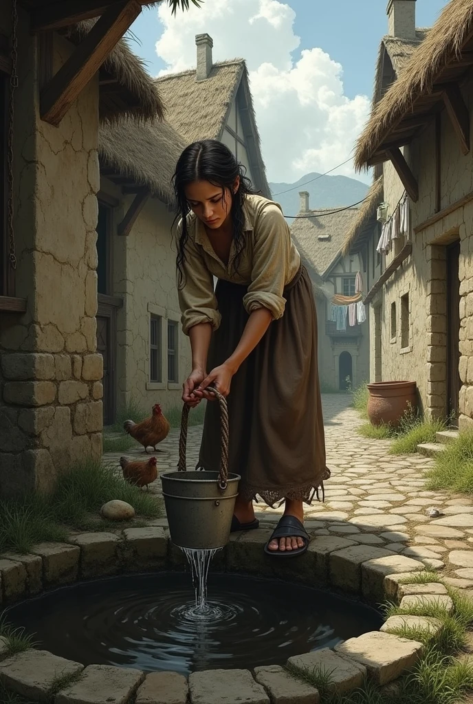 a woman fetching water from a dirty well in a medieval village
