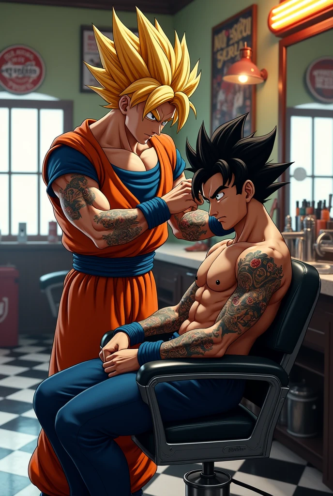 Goku cutting Johan&#39;s hair at a classic barbershop with tattoos 