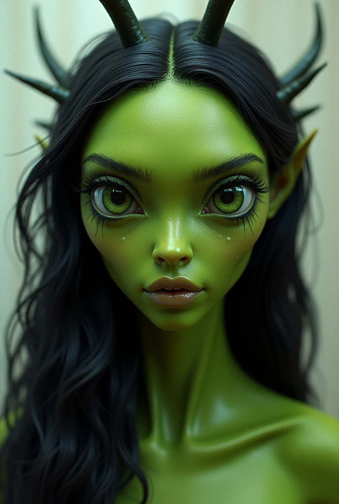 Realistic humanoid female, green skin, antenna, large eyes, farther apart eyes, black hair