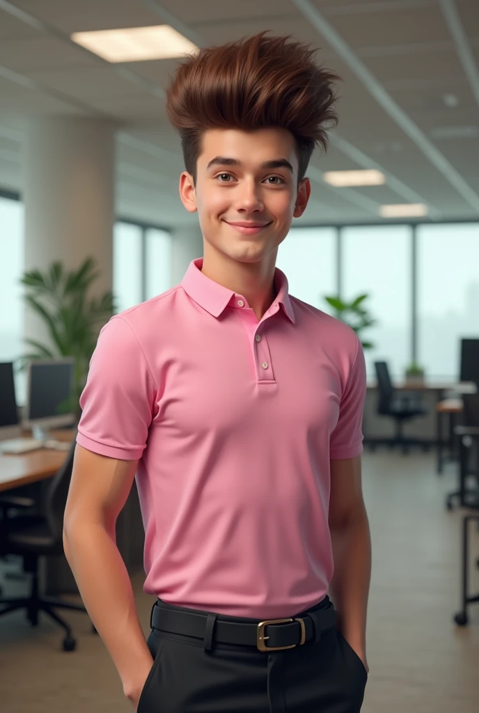 wearing a big brown elvis pompadour wig , young man, wearing a pink polo shirt tucked in with black buttons, office