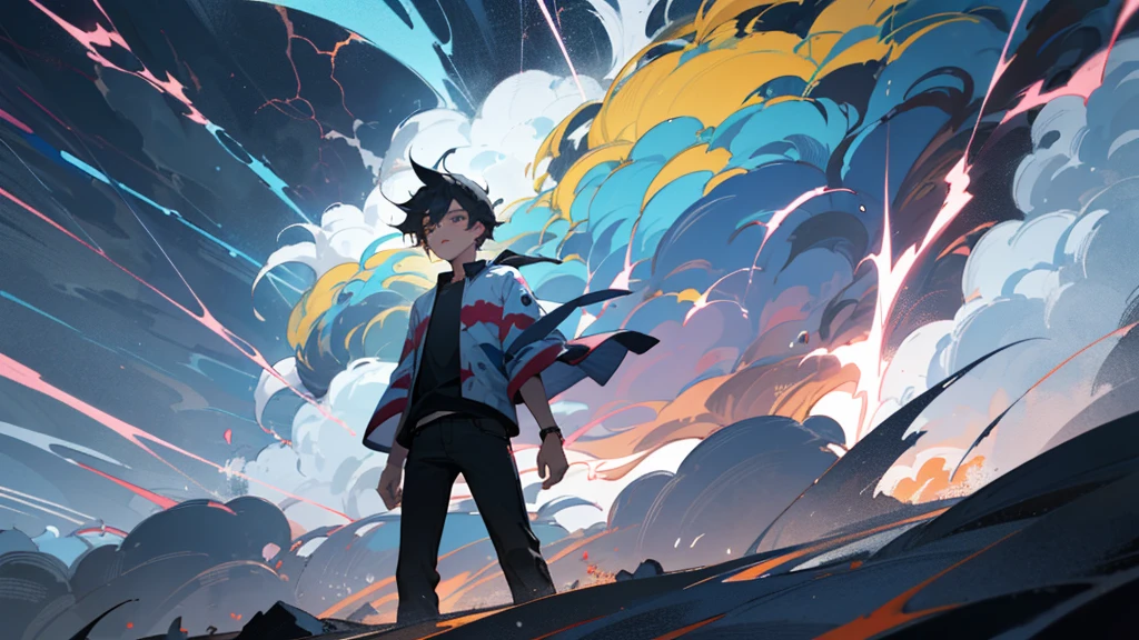 A 16-year-old boy with a slim build, dressed in casual clothes, standing in a psychedelic dream world that is transforming into a dangerous storm. The vibrant, surreal colors shift to dark, swirling storm clouds with intense lightning and turbulent winds. His expression changes from wonder to fear as he faces the threatening and chaotic storm unfolding around him.