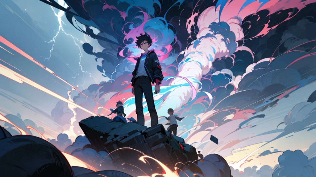A 16-year-old boy with a slim build, dressed in casual clothes, standing in a psychedelic dream world that is transforming into a dangerous storm. The vibrant, surreal colors shift to dark, swirling storm clouds with intense lightning and turbulent winds. His expression changes from wonder to fear as he faces the threatening and chaotic storm unfolding around him.