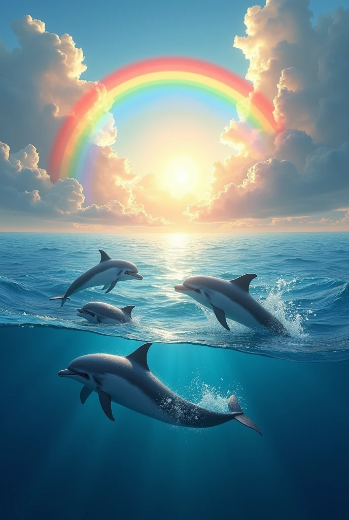 Dolphins in the sea with a heavenly rainbow