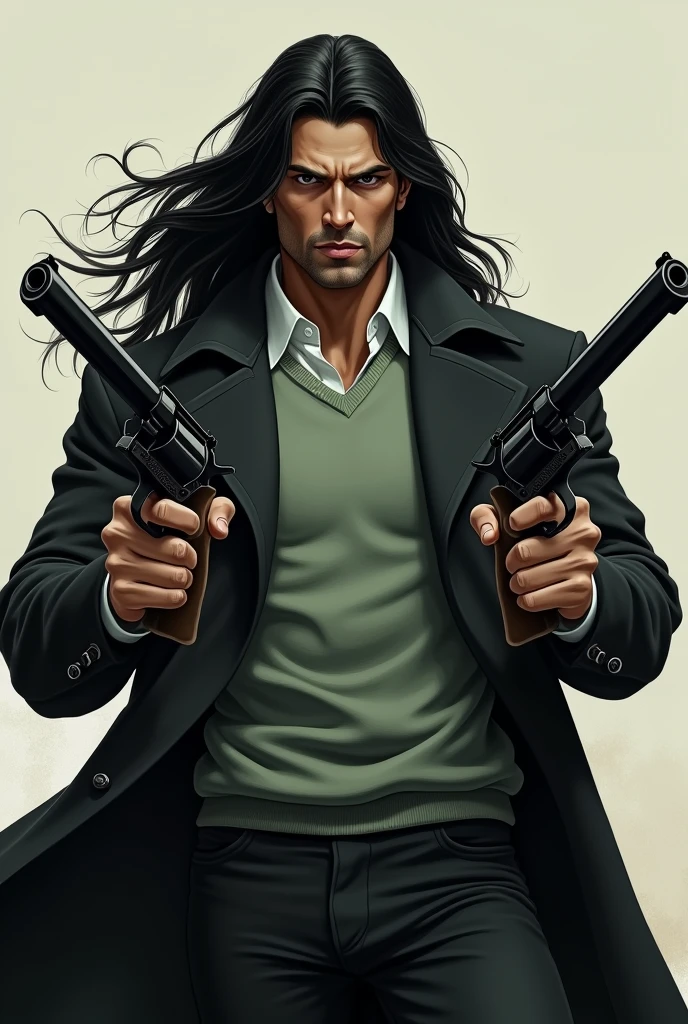 A tall, strong, white man, with long black hair, wearing an open black overcoat with a light green sweater underneath, and he holds two revolvers in his hands.
