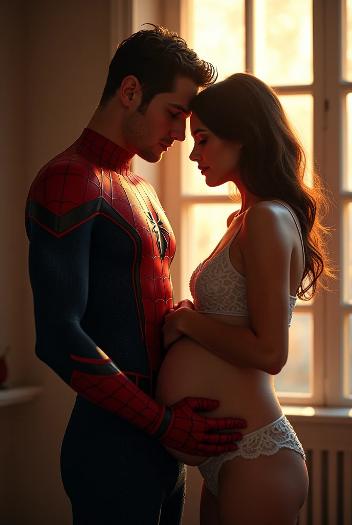 A stunning portrait of Peter Parker holding Mary a Jane Watson, she is pregnant, holding her belly, young and beautiful, hyper realistic, real portrait, backlit, exquisite features, cleavage, sexy, seductive, window, natural light, soft light