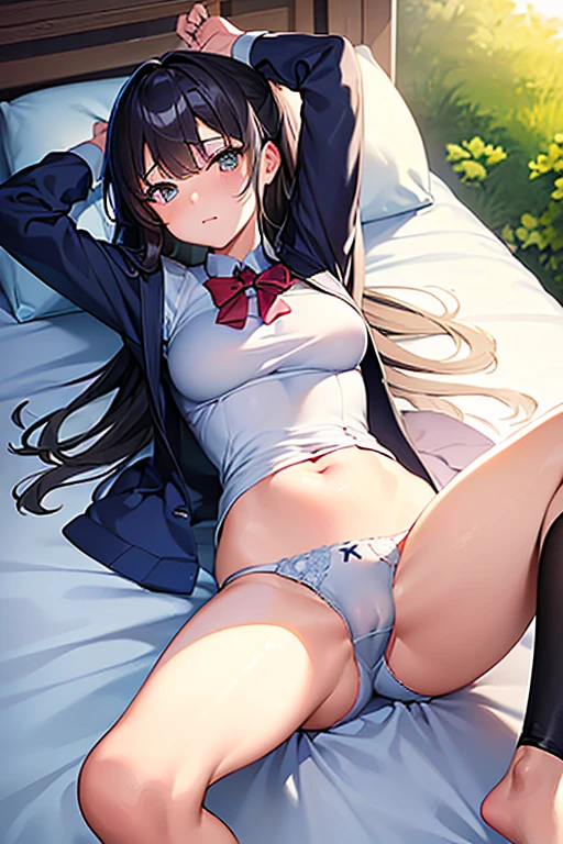 ((Highest quality)), ((masterpiece)), (detailed), One person, sexy,Anime Girl, , ((紙Diapersを着た美少女)), Lie on your back on the bed Spread your legs, 汚れたDiapers, Diapers,Peeing,Pleasant face