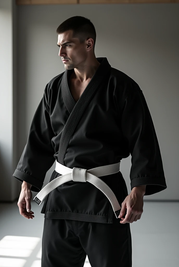 A white belt jiu-jitsu fighter in a black kimono 