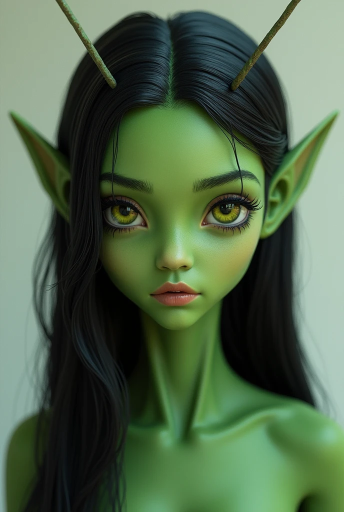 Green skinned girl larger eyes farter apart antenna, Martian, realistic, black hair