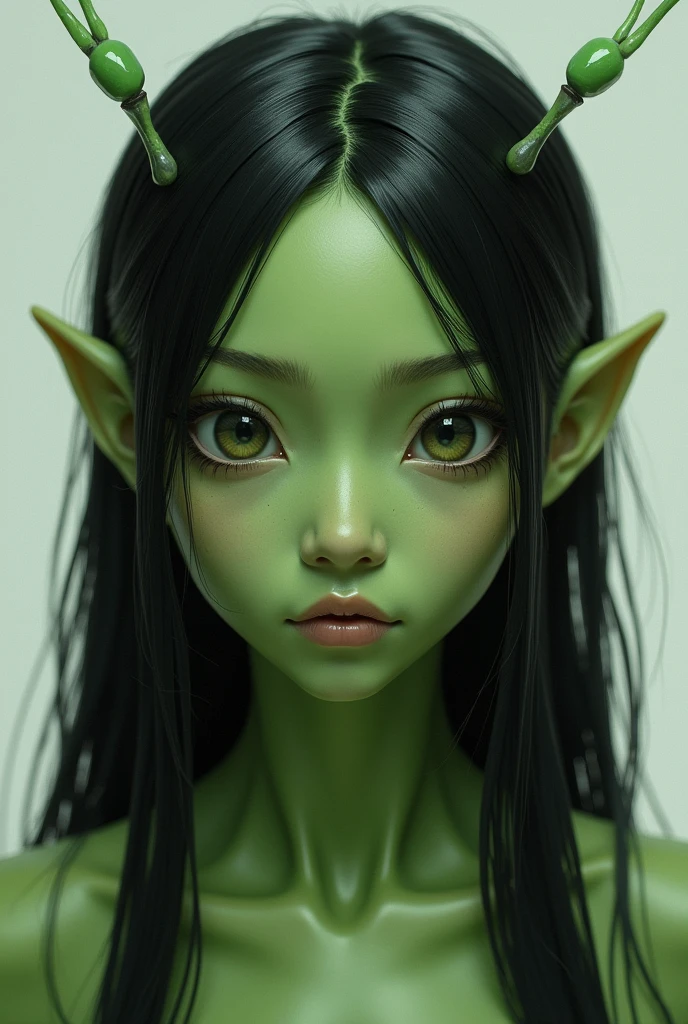 Green skinned girl larger eyes farter apart antenna, Martian, realistic, black hair