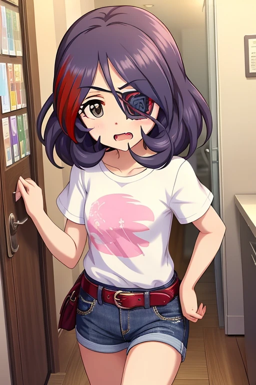Hayasaka Mirei,purple hair,multicolored hair,fang,brown eyes,short hair,eyepatch,white t-shirt,jeans shorts,shorts rolled,belt