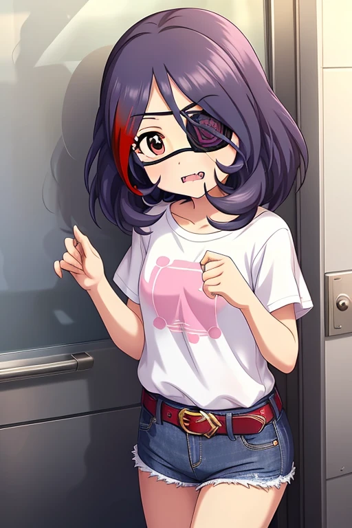 Hayasaka Mirei,purple hair,multicolored hair,fang,brown eyes,short hair,eyepatch,white t-shirt,jeans shorts,shorts rolled,belt