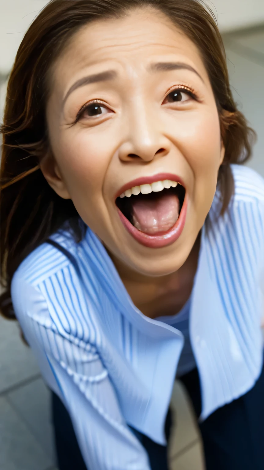 (Realistic:1.5), Browsing Caution, masterpiece, Ultra-high resolution, Very detailed, Japanese women, wonderful, Elegant long hair details, Mature Woman, 40 years old、 ((Realistic skin texture: 1.1)), (Fine wrinkles that appear all over the skin: 1.1), (Dullness: 1.1), (Unmoisturized skin: 1. 1）、（Facial wrinkles：0.9）、 （Wrinkles around the eyes：1.1）、double eyelid、Lower eyelid furrow、（Tears：0.9）、Off-the-shoulder tops, mouthを開けて舌をmouthから突き出します, Long exposed tongue, Detailed teeth, Detailed tongue expression, Long tongue tip, A gaze that looks up at the viewer, Looking down on your subject from above, Expression of fine eyes, Focus precisely on your audience, The look of surprise when sausages are stuffed into a target;mouth、
