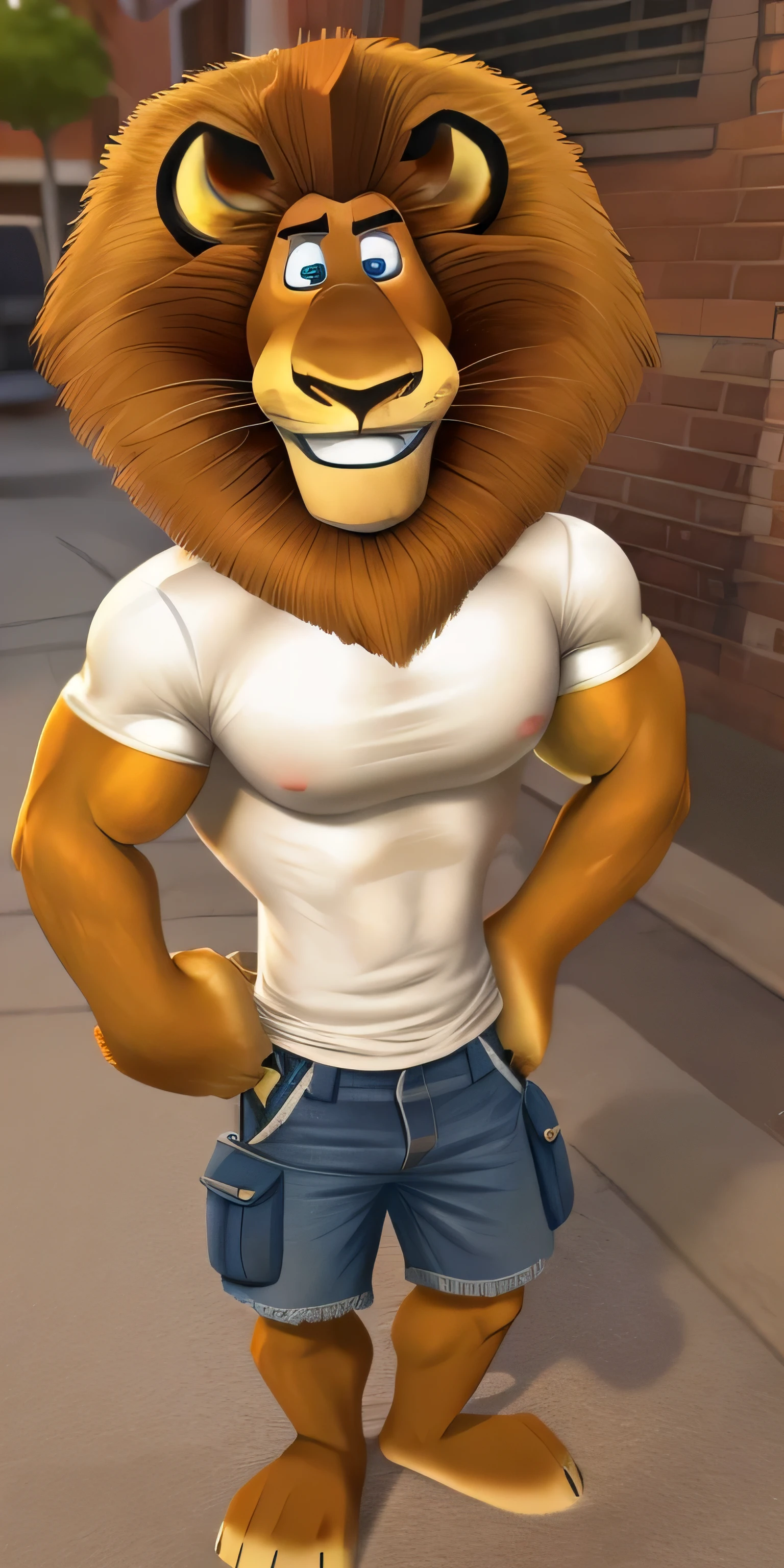 Alex the Lion, muscular body, big biceps, extremely beautiful and cute face, perfectly detailed blue eyes with perfectly detailed black pupils, wears white t-shirt, denim cargo shorts, bare feet, streets background, selfie, friendly look, hot, gentle smile 