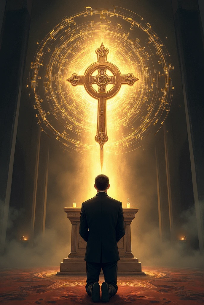 Drawing of a man with microphone in hand, kneeling looking at a monstrance with musical notes around it