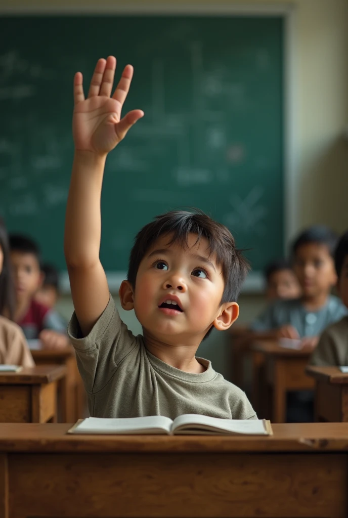 The same boy raising his hand in class but is ignored by his teacher and classmates