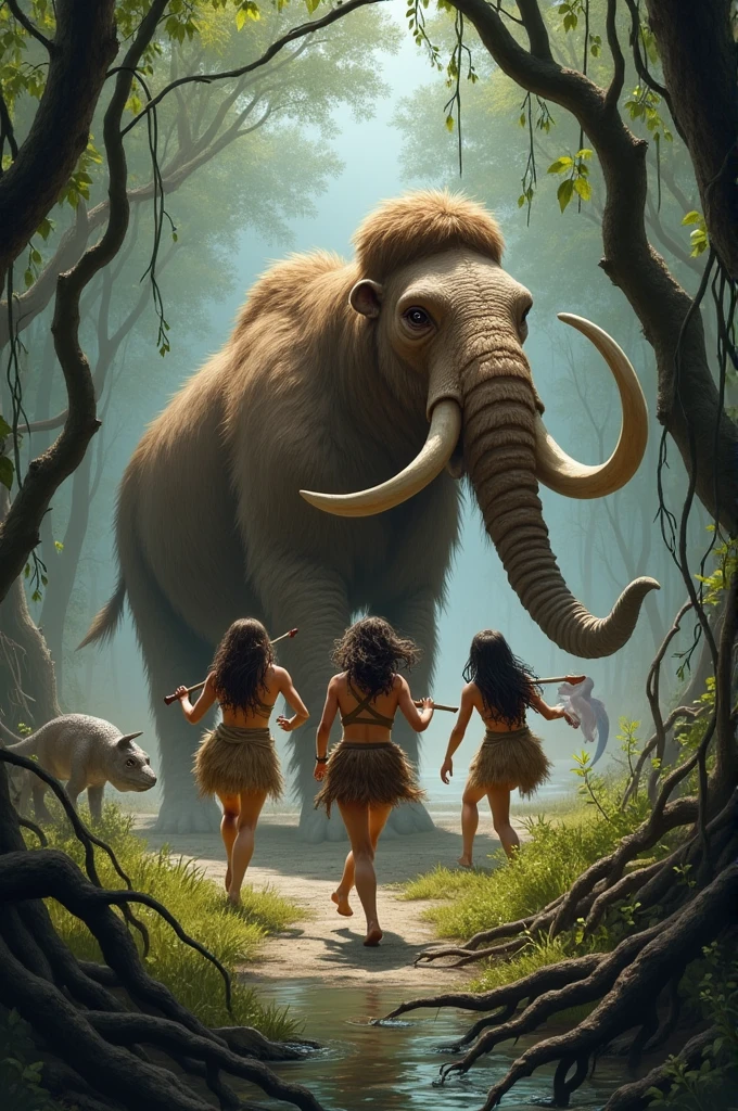 A girl in a primitive outfit with other girls fighting a mammoth in a thicket NEAR a swamp with mangroves and a mermaid in the swamp with a dinosaur nearby