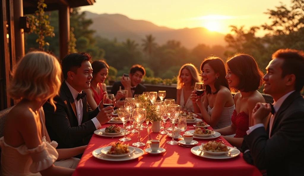 80s style，A group of fashionable people，Chinese，Parties，In the villa garden，On the rooftop，Light before sunset，evening，reunion，Reception，wine，Wine Tasting，Suit，High heel（Rich details），（Best quality），Film Style