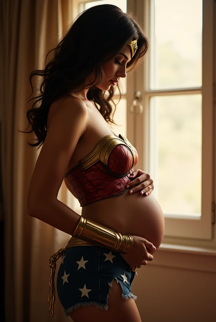 A stunning portrait of Wonder Woman, Wonder Woman is pregnant, holding her belly, young and beautiful, hyper realistic, real portrait, backlit, exquisite features, cleavage, sexy, seductive, window, natural light, soft light,