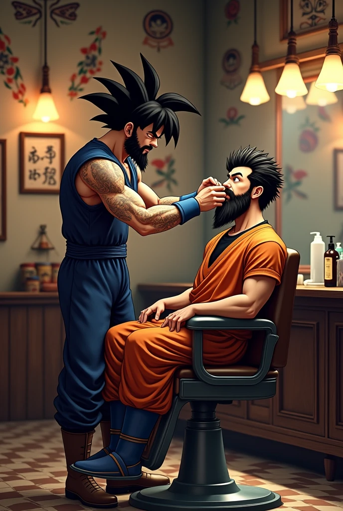 Goku with beard cutting Johan&#39;s hair classic barbershop with tattoos 