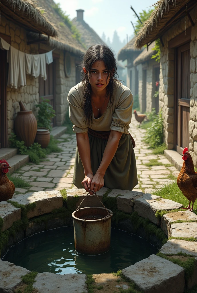 a woman fetching water from a dirty well in a medieval village