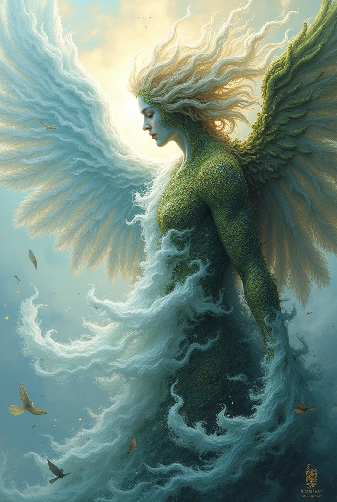 CD Cover Description: The CD cover features two elements in a dynamic : one representing air and the other representing earth. Air Element: This element can be depicted as an ethereal and fluid figure, perhaps a winged entity or an abstract form that evokes lightness and movement. The dominant con be light blue or white, with details resembling clouds or wind. Earth Element: Represented as a solid and robust figure, possibly with characteristics of rock or vegetation. The colors can be greens and browns, with textures that evoke the stability and fertility of the earth.