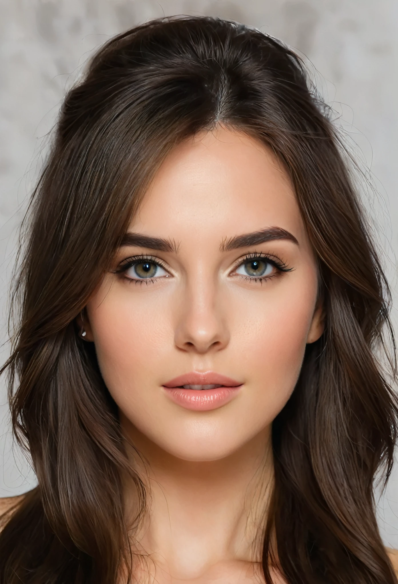 Create a stunning 25-year-old brunette woman with a refined, sophisticated appearance. She has an intense, mesmerizing gaze and is facing forward with her face completely unobstructed, showcasing her striking features. Her hair is styled to frame her face beautifully. She wears a light, stylish outfit that complements her figure, combining elegance and subtle allure. The background should be simple, enhancing her captivating presence without drawing attention away from her.