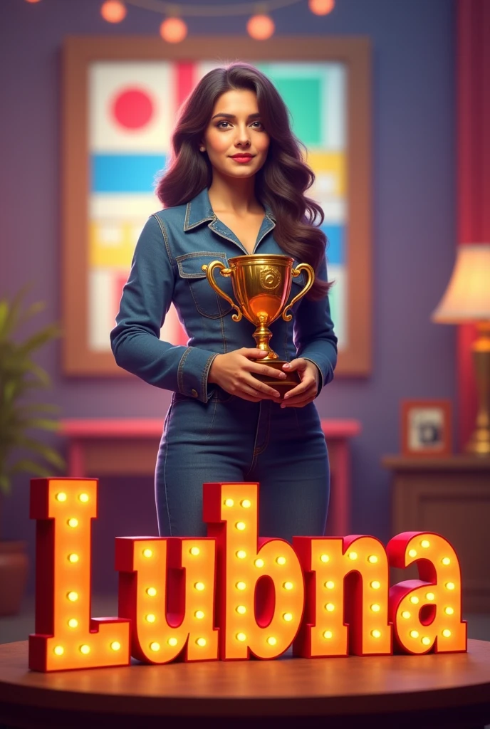 A vibrant scene with a large Ludo poster displayed in the background. In the foreground, a woman is proudly holding a Ludo trophy. In front of her, the name 'Lubna' is written in a stylish, 3D font, making the scene lively and celebratory, with the focus on her achievement."
