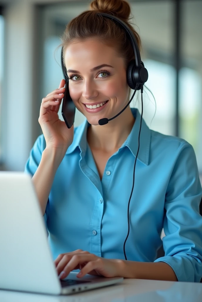 Lady with headphones and microphone wearing a full sky blue customer service shirt answering a call, sharp image, hair with bun typing on laptop keyboard touching her earphone with black hair looking at us through the screen