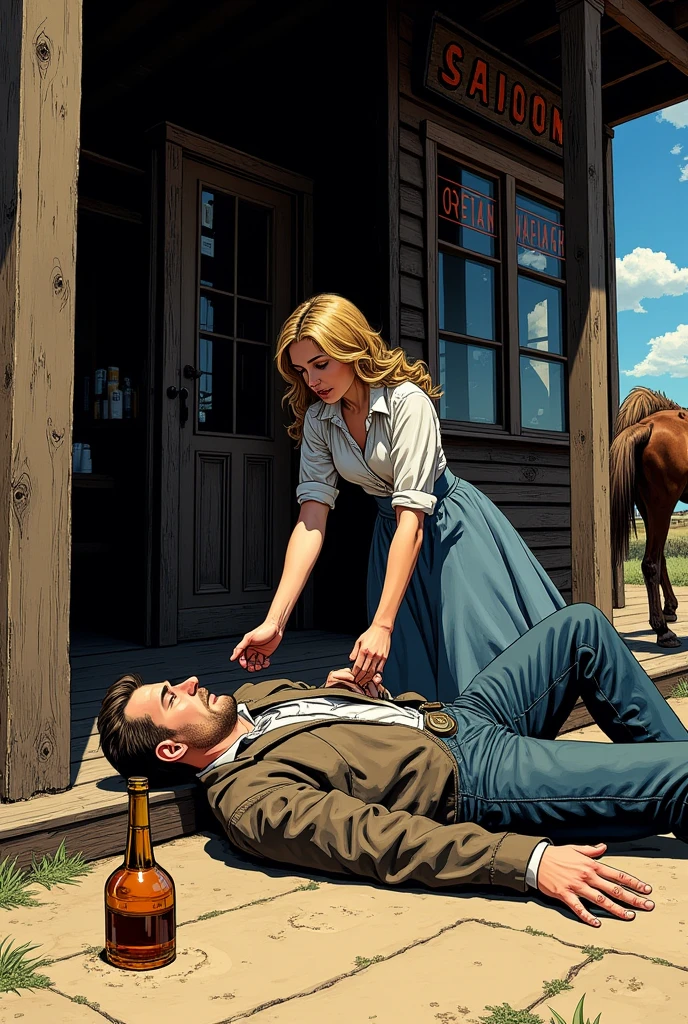 Hyperrealistic color comic 1950s a drunk cowboy lying outside with a bottle of liquor in his hand at the door of a saloon his horse next to him in the American Wild West a woman helps him up