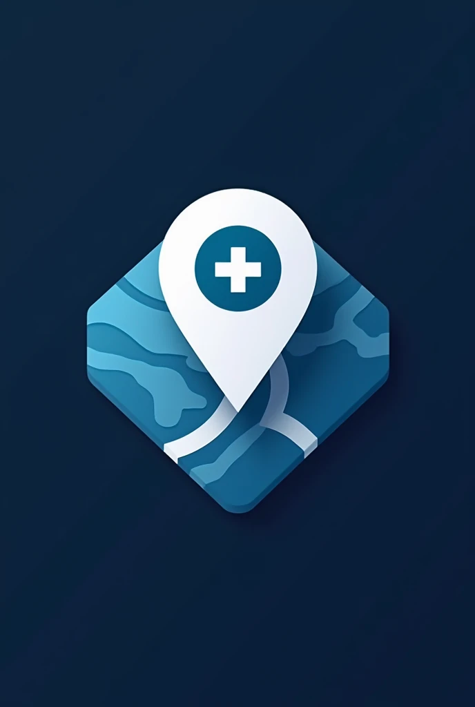 dosemap logo of an app, in the center of a large shape a locator, with a GPS map in the background or below with a health cross in the middle of the locator