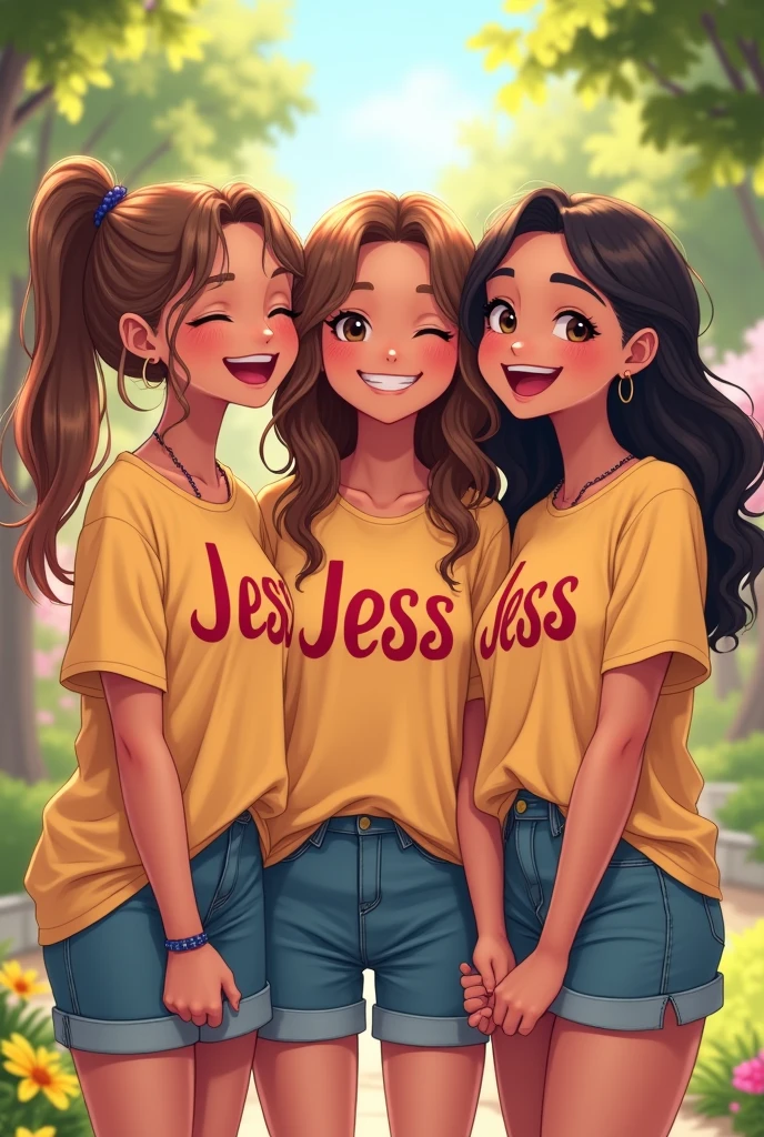 Trois amies filles qui portent des gros t-shirt qui sont écrits JESS et elles se tiennent la main en souriant