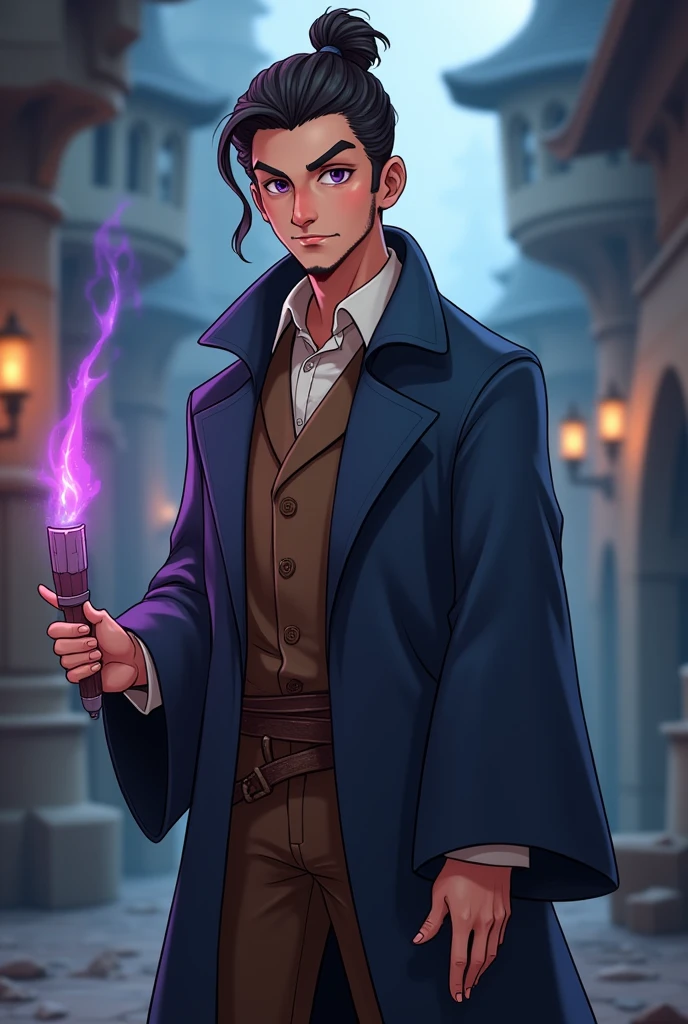 crie um homem, he's a wizard, he has his hair in a bun style, make it in the art style of dungeons and dragons VOX MACHINA from critical role create it with a friendly and calm face, he has no beard and is just a 24 year old adult, don't do it in a way , I want you to make this art in the same animation style they use in the Vox Machina animated series on Amazon Prime., make it more realistic, do it in the same style as baldur's gate 3, he has dark purple eyes, he wears a dark blue overcoat, he has a brown coat under his coat, He wears brown pants, make him have a slightly more adult face, but without any beard