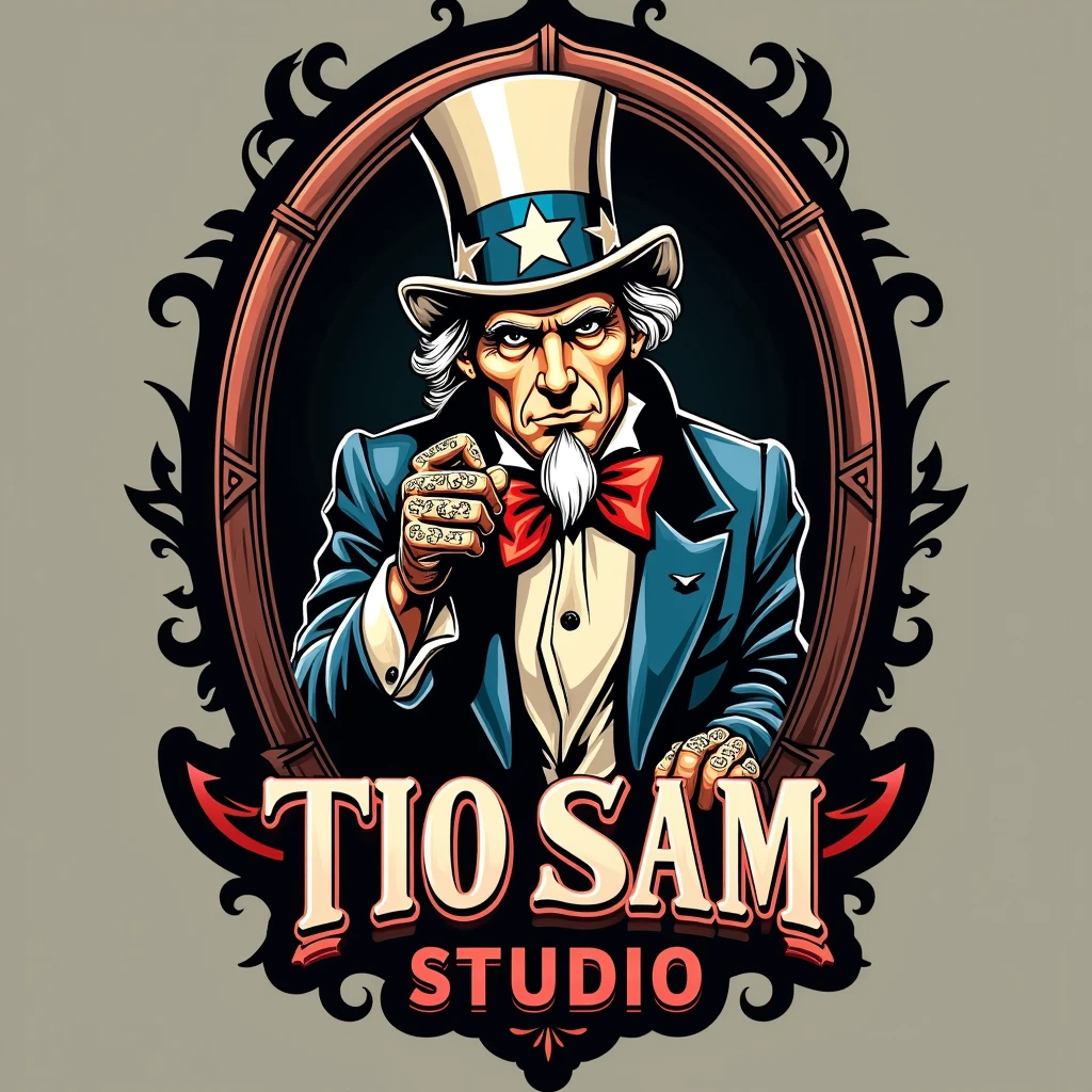 Create a logo called "Tio Sam Studio" The idea is to bring a mirror and the tattooed Uncle Sam coming out of it as if he were tattooing someone and below the image the name of the company. Remembering that I want a logo for a tattoo studio, do it in Portuguese.
Be more creative and professional