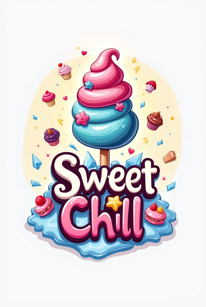 create a logo for a company that sells frozen and regular sweets, com o nome sweet chill , using a lollipop with ice crystals as the main object , a little less realistic and that it says sweet chill, more attractive with more sweets


