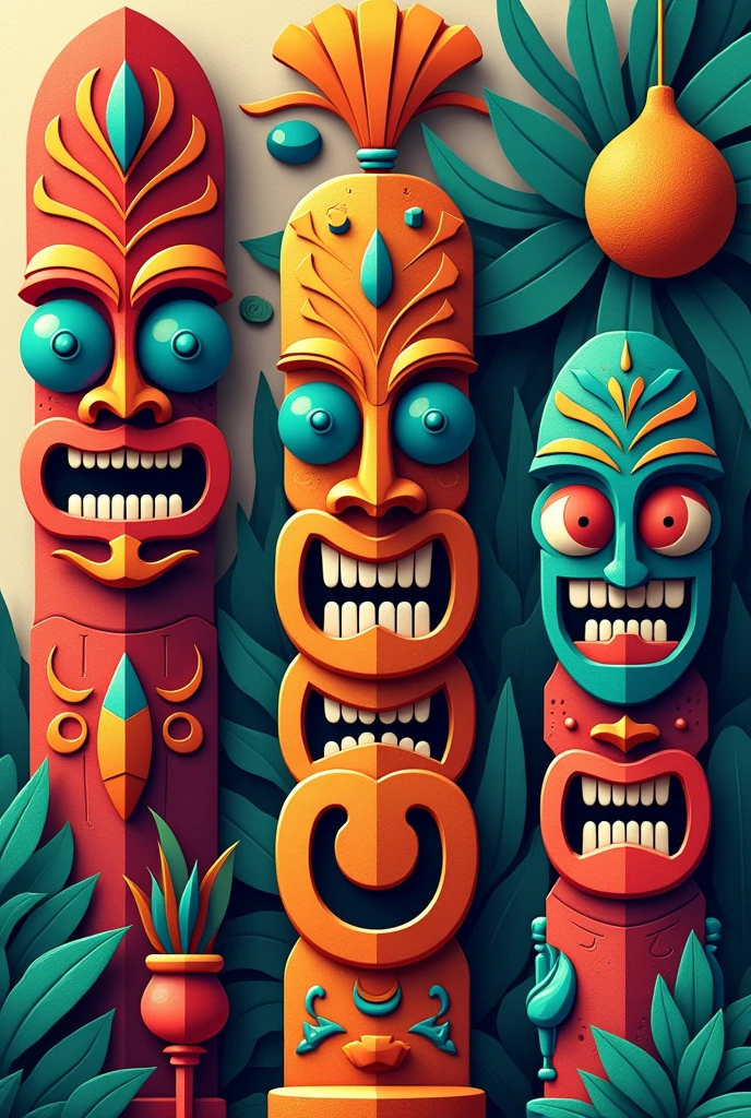 I want an image of Modern tahitian objects like tikis with a some Tahitian symbol 