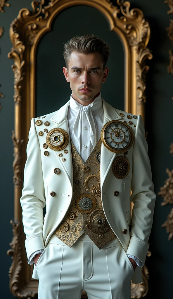 "Intricate, gothic portrait of a male figure wearing an elegant, Victorian-inspired white suit adorned with an array of mechanical components, gears, and clockwork elements, set against a dark, ornate backdrop with a vintage mirror frame, detailed steampunk aesthetics, cinematic, by artists like HR Giger and Zdzisław Beksiński"