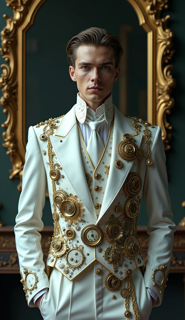 "Intricate, gothic portrait of a male figure wearing an elegant, Victorian-inspired white suit adorned with an array of mechanical components, gears, and clockwork elements, set against a dark, ornate backdrop with a vintage mirror frame, detailed steampunk aesthetics, cinematic, by artists like HR Giger and Zdzisław Beksiński"