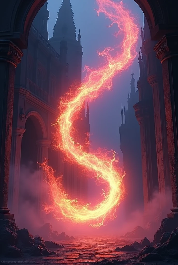Create a burning arc scene in a semi-animated style, with gothic style colors